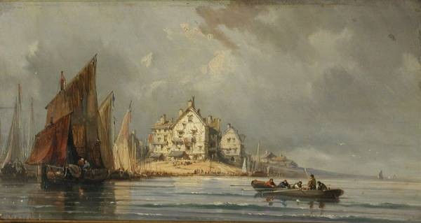 Isabey Coastal landscape with Boats and Constructions